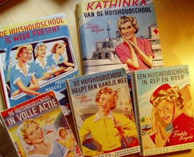 De boeken in de serie over Kathinka van de huishoudschool, geschreven door Freddy Hagers. 
